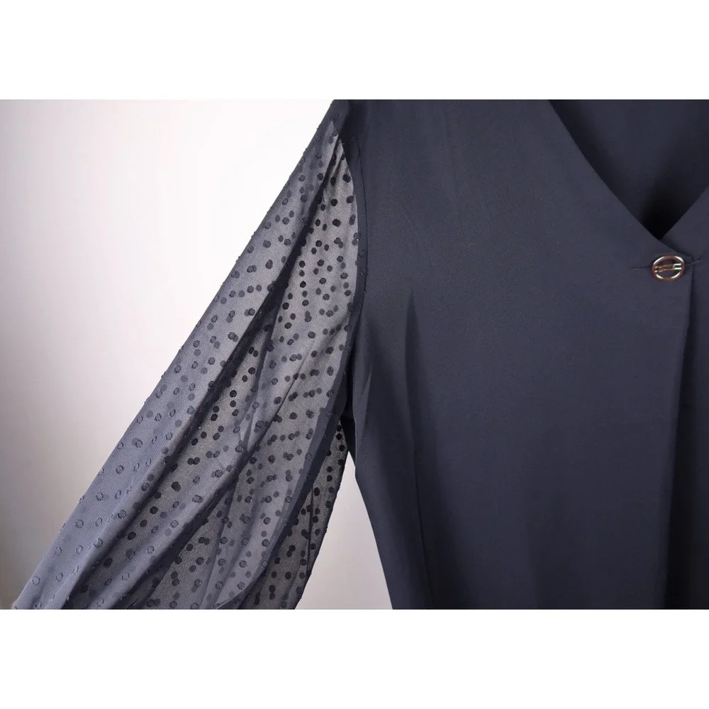 Bebonnie Black Blouse Women XL Sheer Swiss Dot Sleeve V Neck Dressy Top